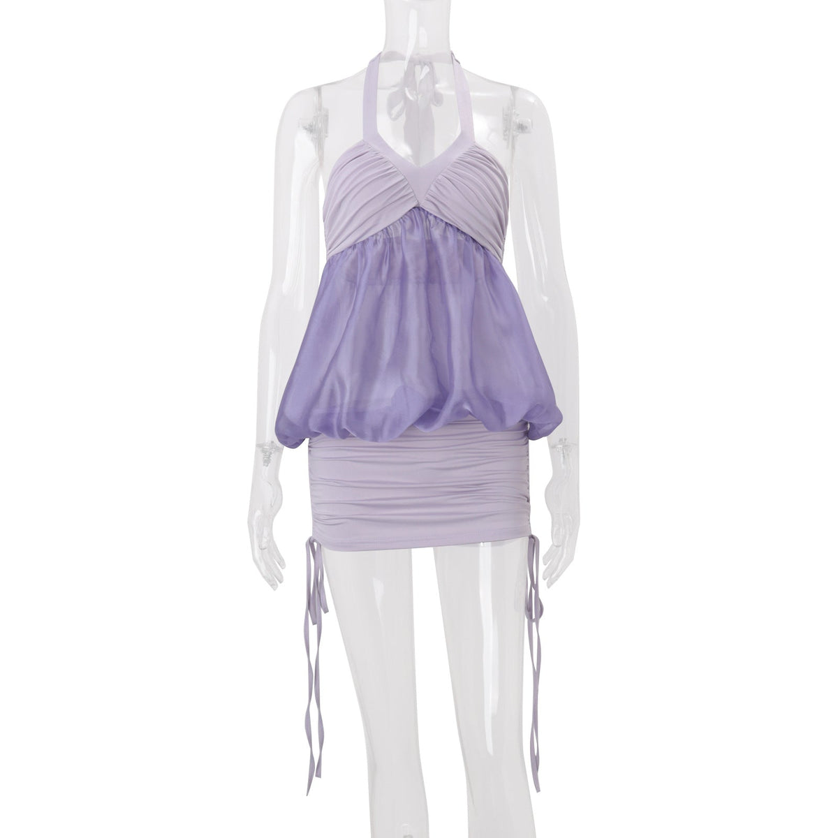Women Clothing Summer off Shoulder Halter Pleated See through Color Matching Sleeveless Sheath Dress