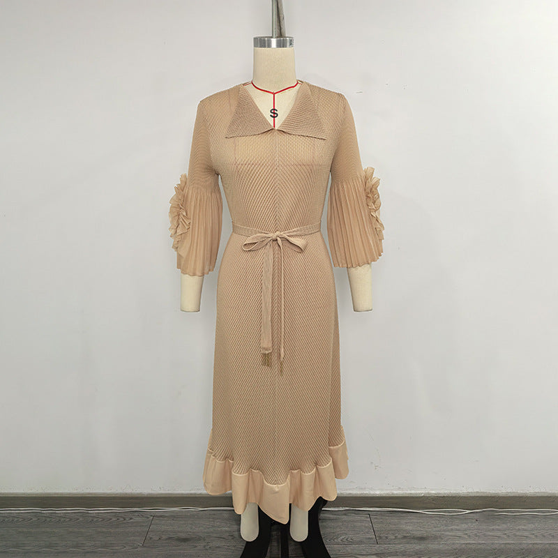 WomenClothing Autumn Slim Fit Fishtail Ruffle Sleeve Waist Tight Slimming Lace up Elegant Dress
