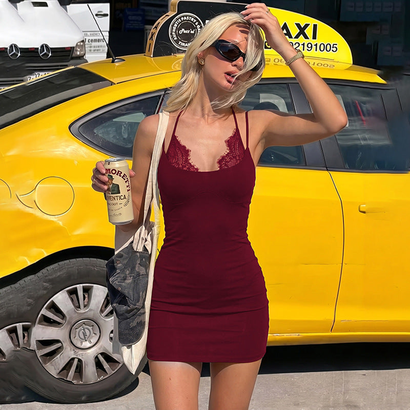 Women Clothing Sexy Lace Splicing Sling Dress Solid Color Pure Hip Dress