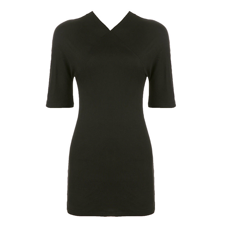 Sexy Cross Collar Solid Color Short Sleeve One Piece Split Dress Simple All Matching Sheath Jumpsuit