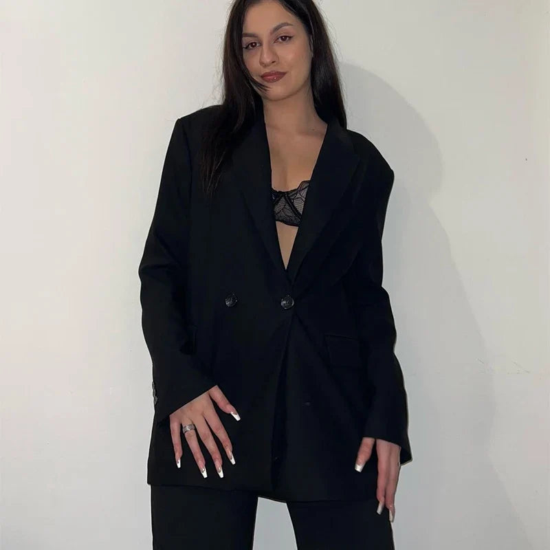 HXAO Blazer Women Double Breasted Pocket Women's Jacket 2025 Long Sleeve Casual Blazers Woman Chic Office Wear Ladies Coat