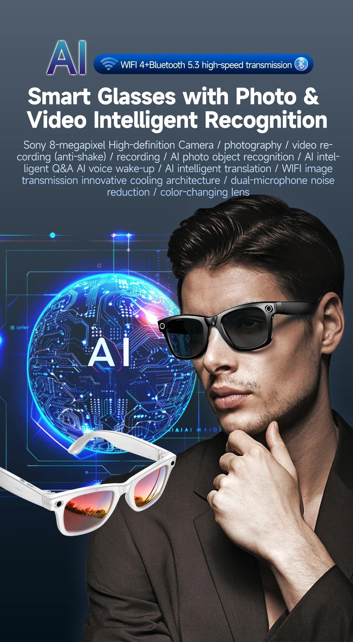 GUHUAVMI AI Smart Glasses 800W Anti Shake HD Camera Video Recording Languages Translation Sunglasses Bluetooth Call Music Play