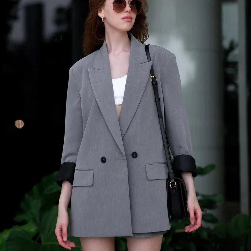 HXAO Blazer Women Double Breasted Pocket Women's Jacket 2025 Long Sleeve Casual Blazers Woman Chic Office Wear Ladies Coat