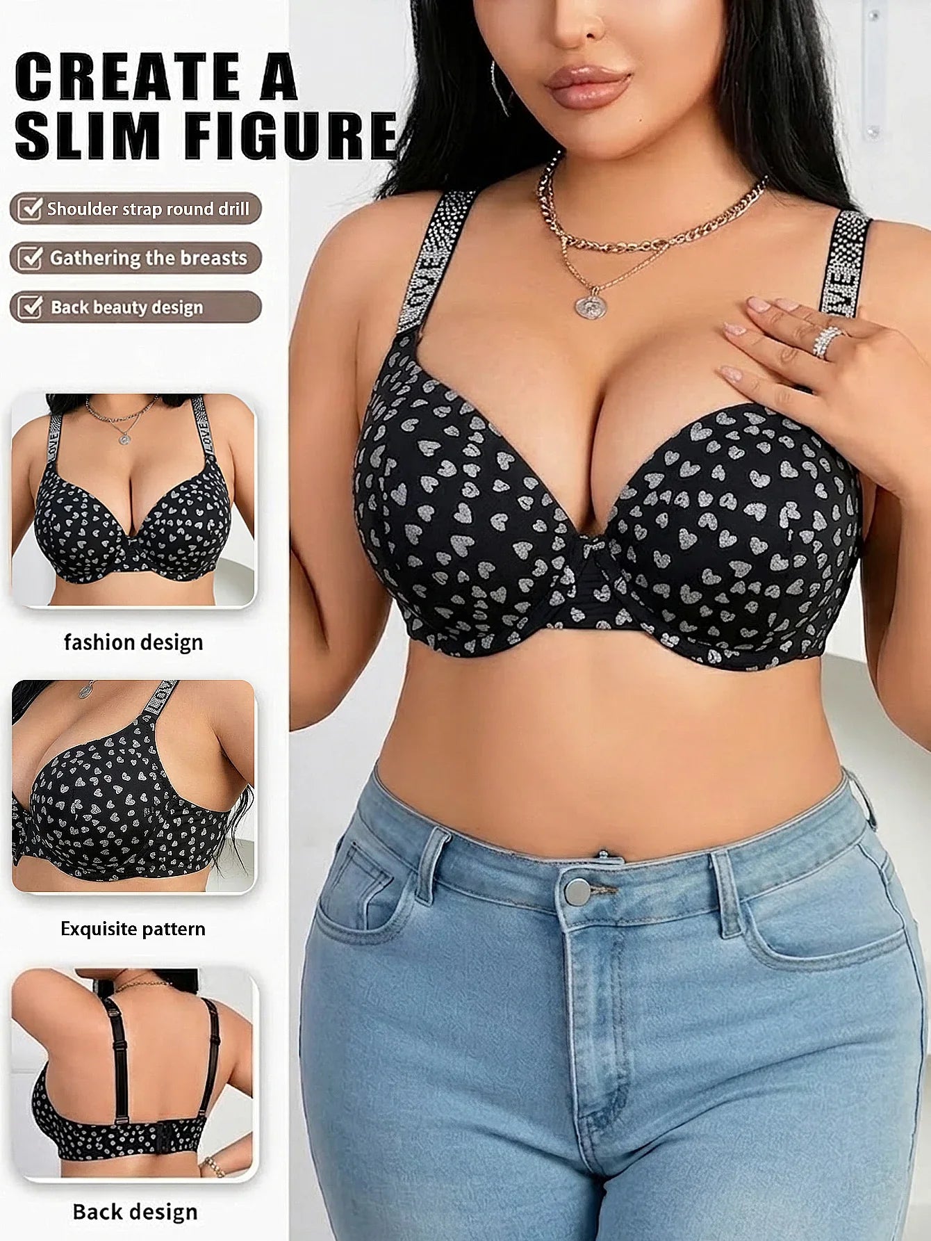 Plus Size B C D Thin Cup Women's Bra Wide Straps Push up Bra Stylish Heart & Rhinestone Comfy Side Bulge Control Underwire Bra