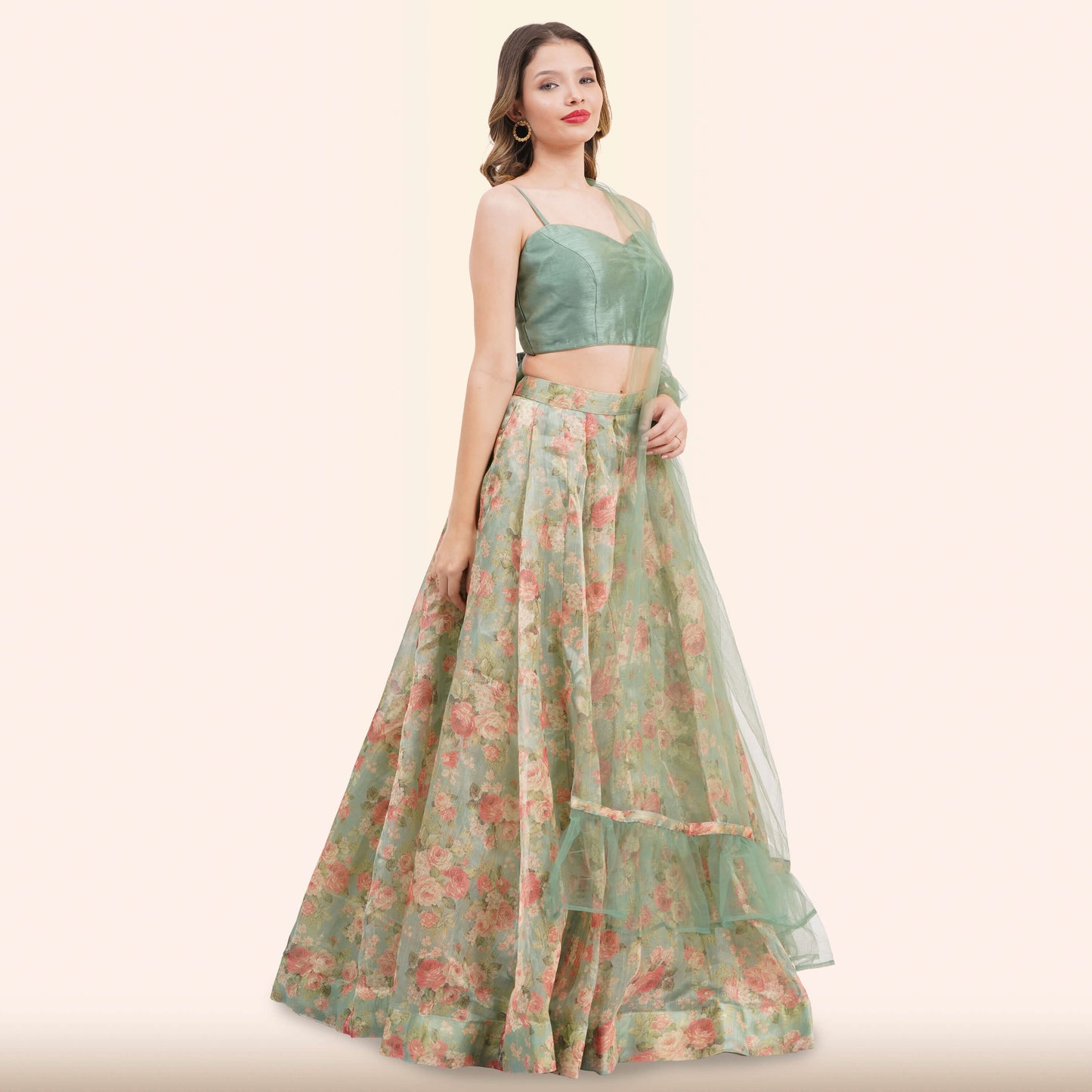 Sage Green Floral  Lehenga with Dupatta