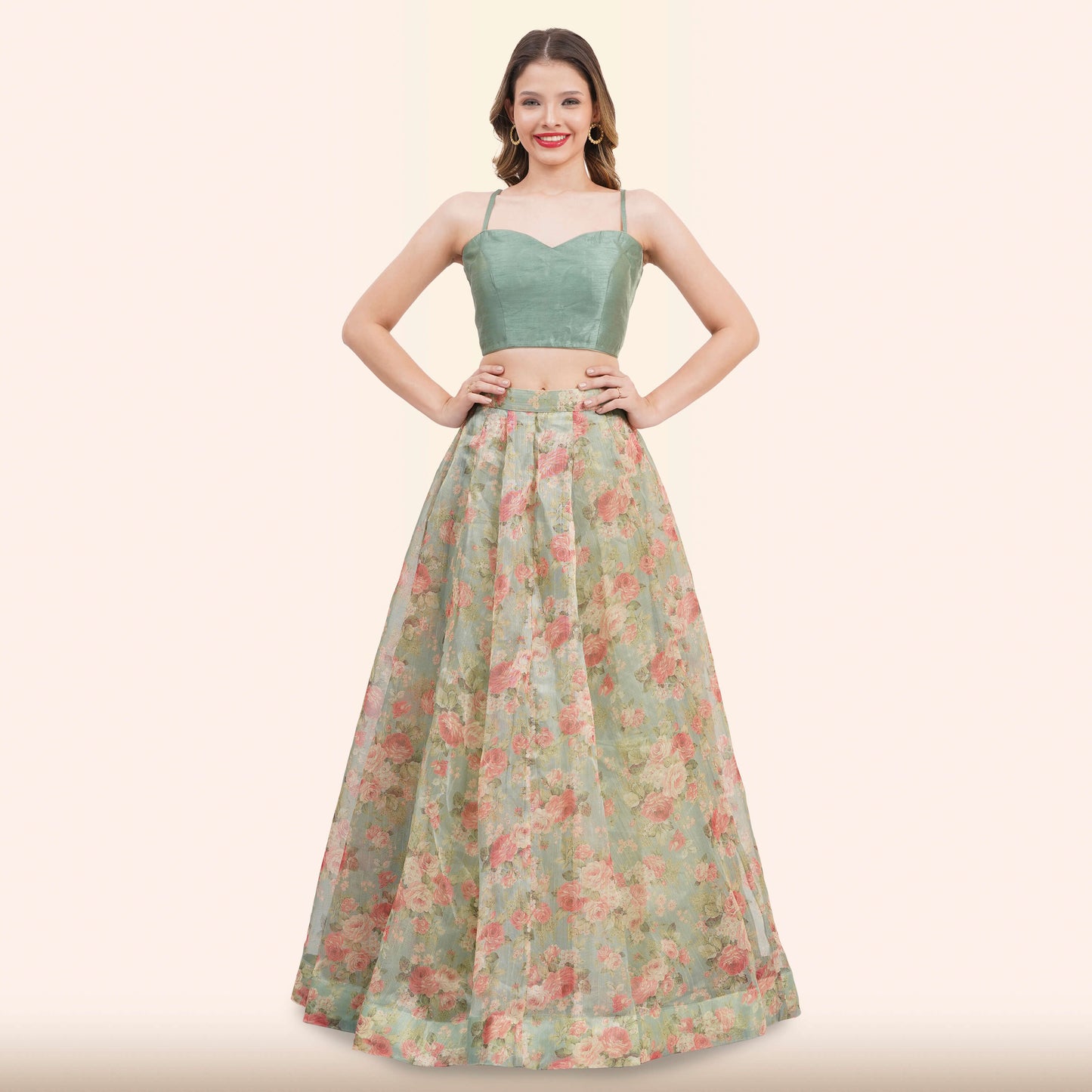 Sage Green Floral  Lehenga with Dupatta