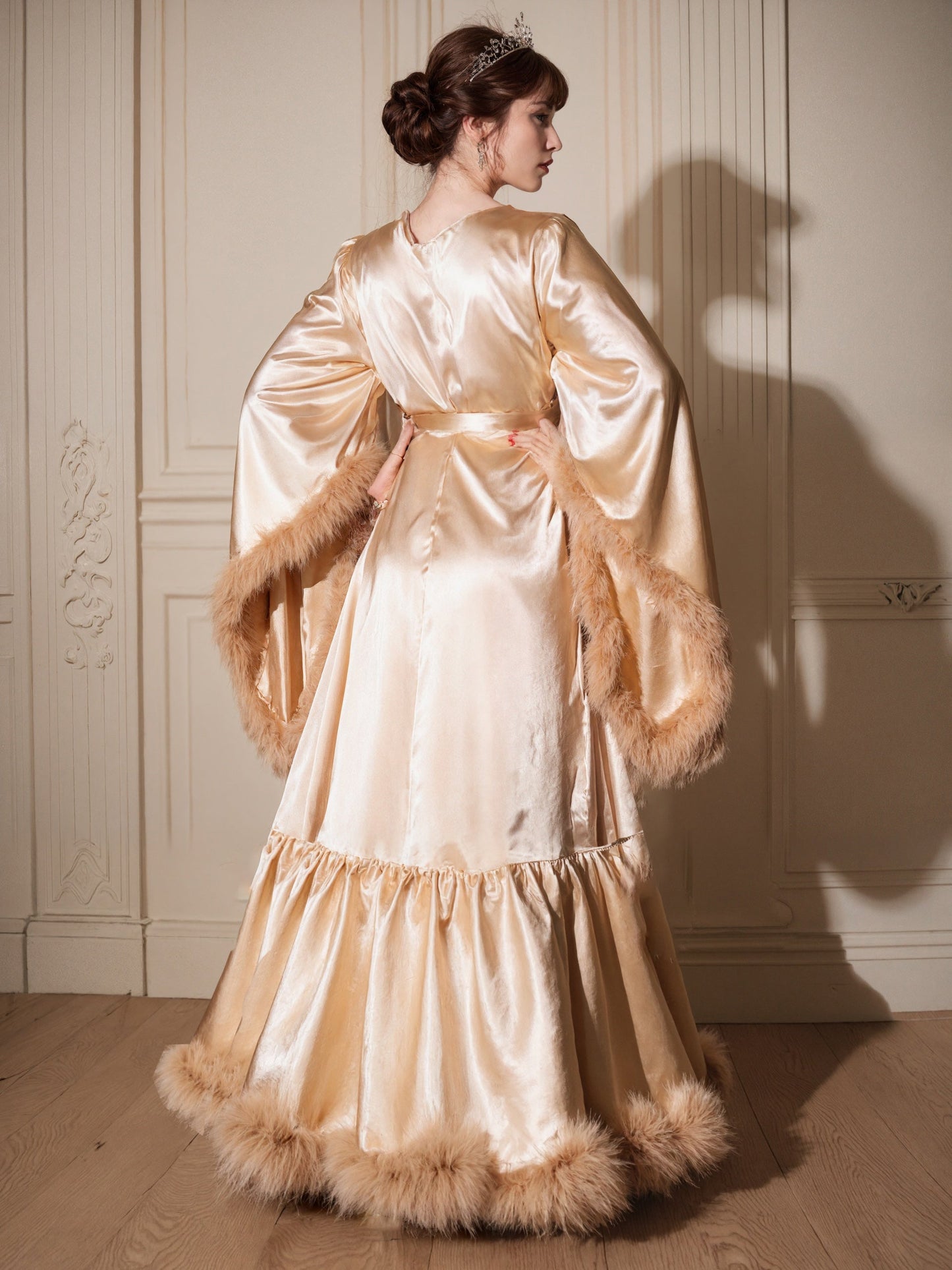 Silky Satin Feather Fringe Hem Long Robe (Victorian Style) - next day shipping selective colors