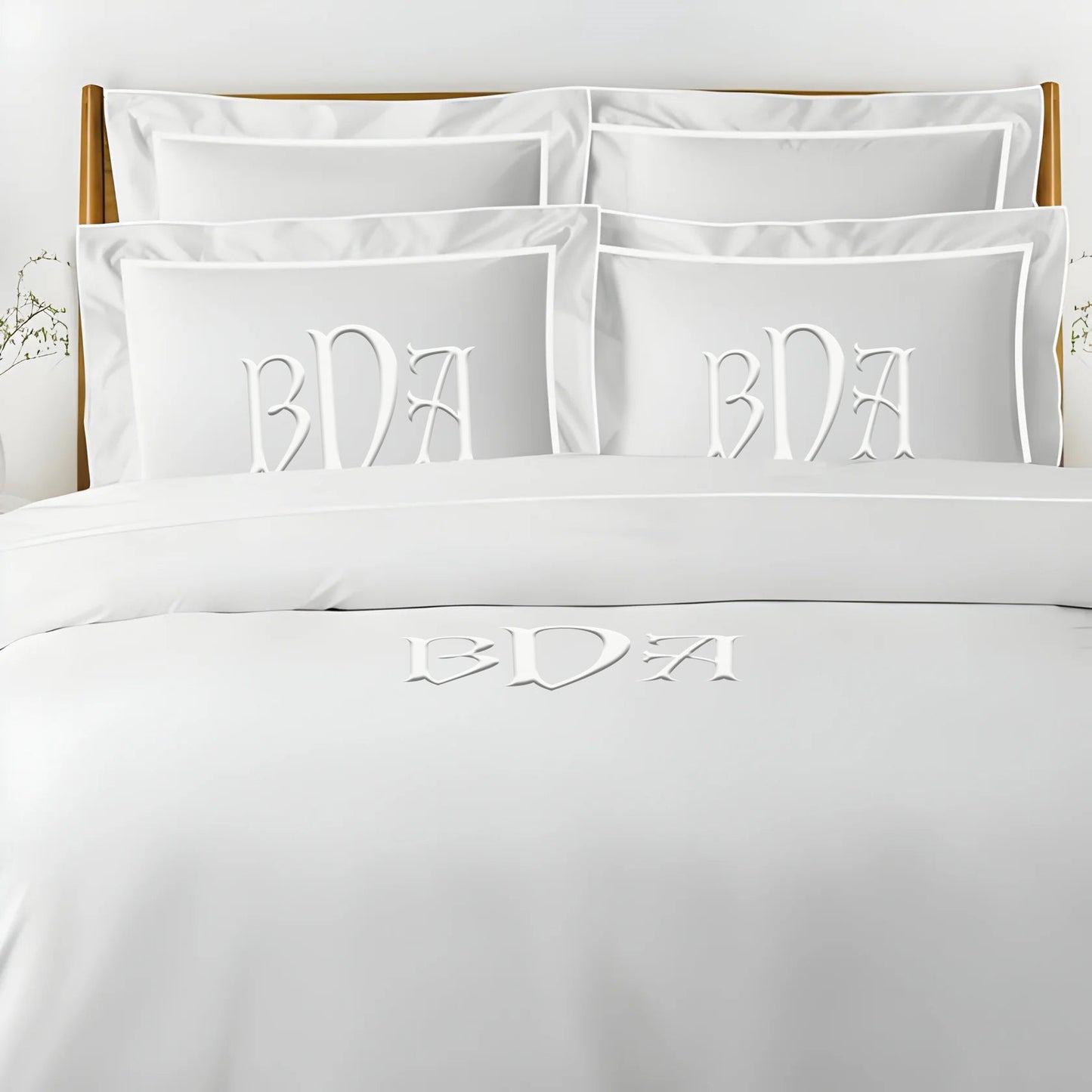 Monogram Embroidery & Border Cotton Sateen Solid Duvet Cover Set