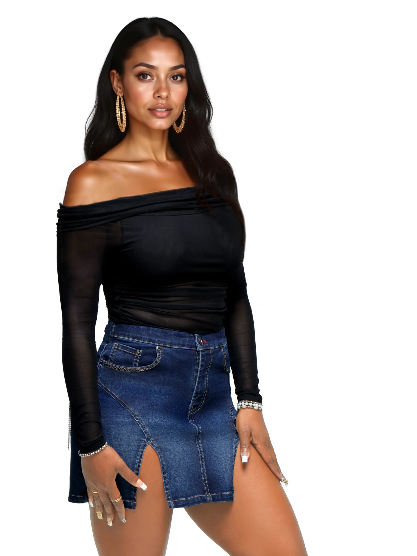 Off Shoulder Mesh Top - Black