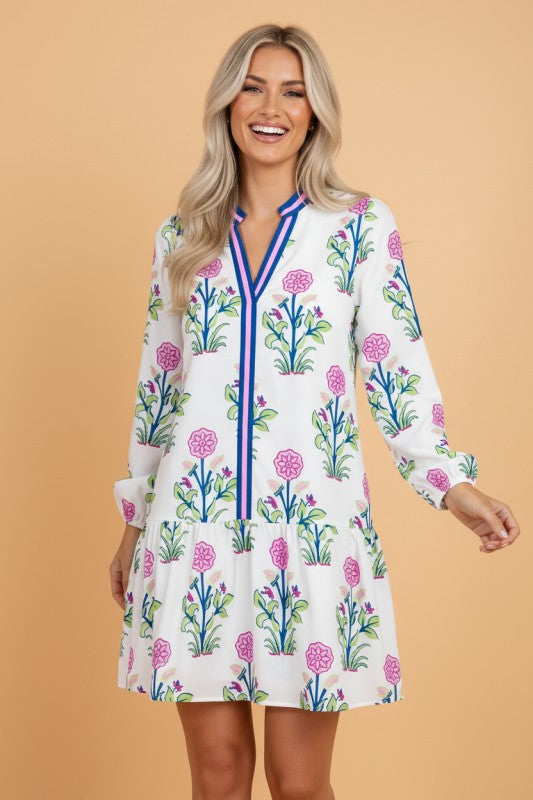 Floral Contrast Stripe Trim Notch Neck Dress
