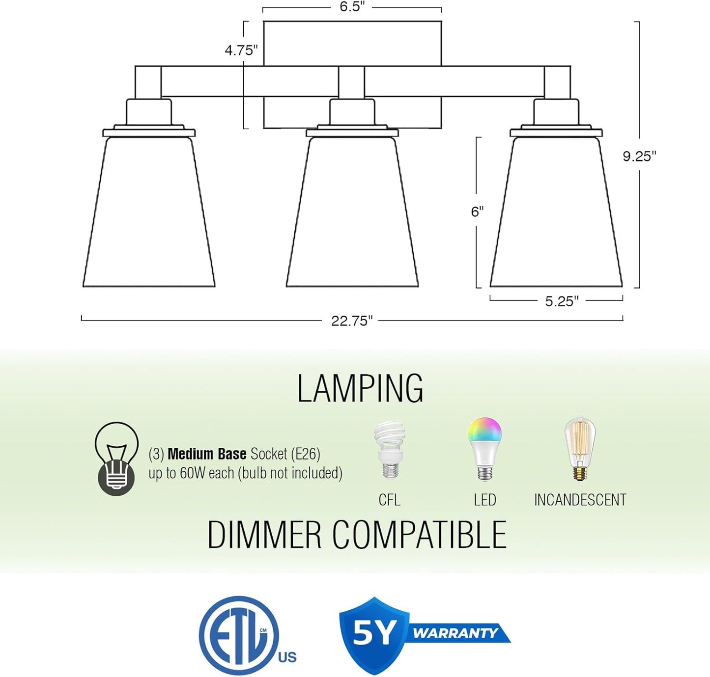 23" 3-Light Farmhouse Vanity Bathroom Light