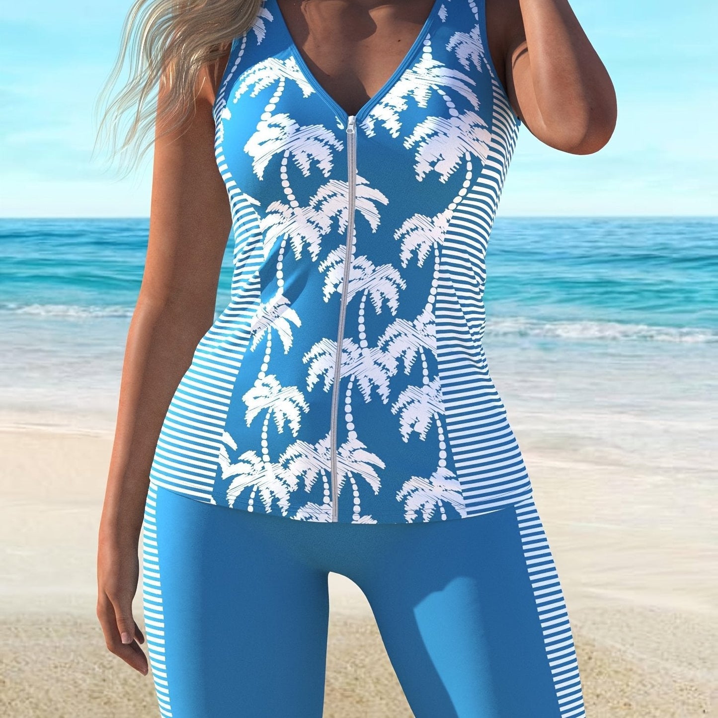 Trendy Blue Striped Tankini Swimsuit Set for Women, Perfect for Beach Leisure.