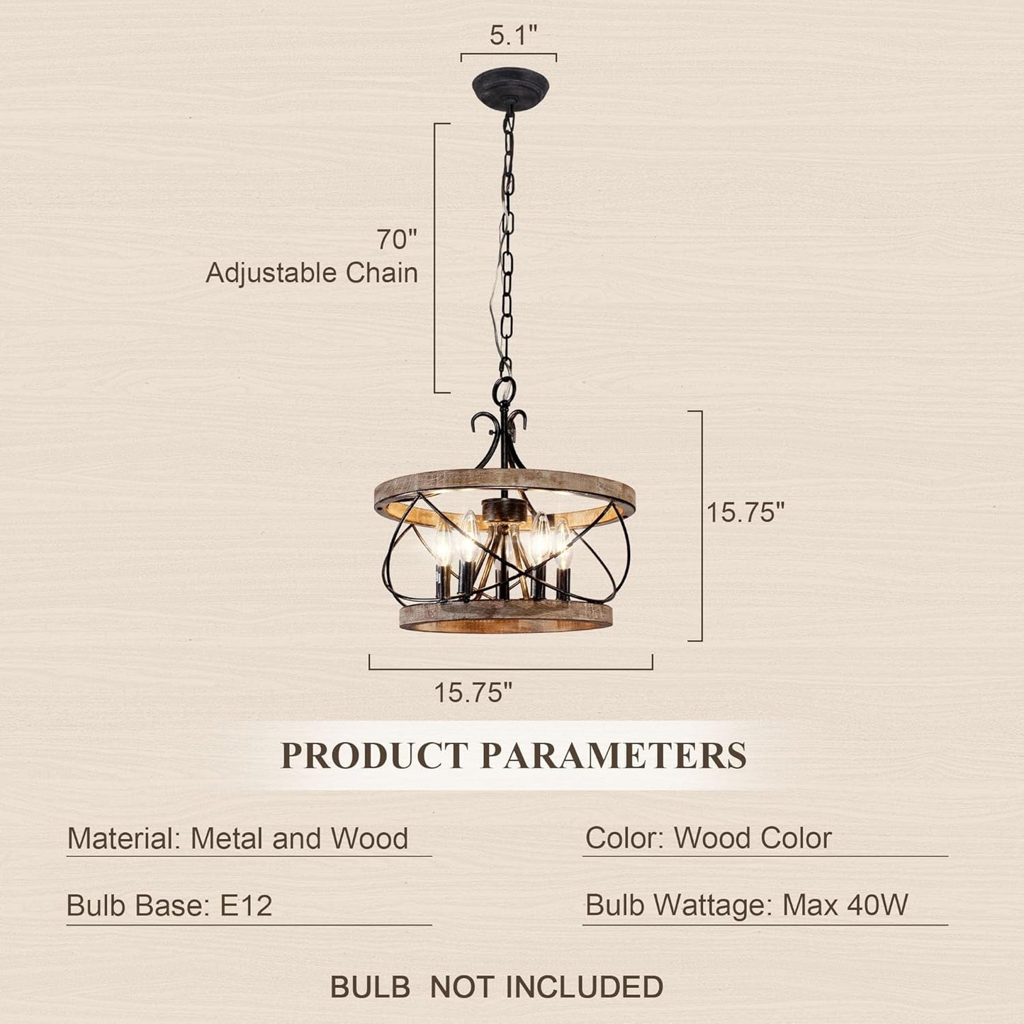 5-Light Farmhouse Drum Wood Chandelier
