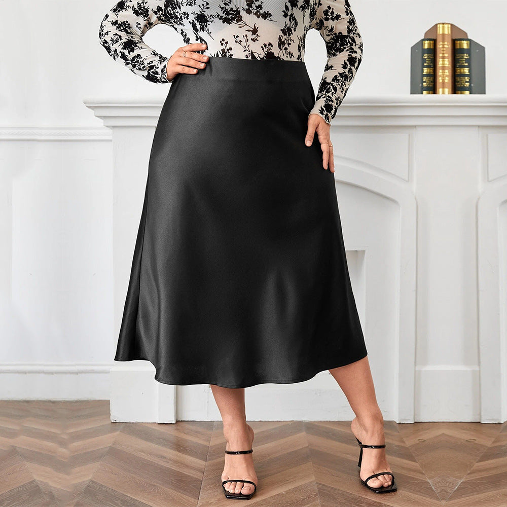 High Waist Zipper Large Hem Satin Temperament Skirt