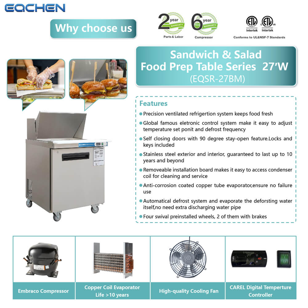 27 inch Salad Sandwich Prep Table Refrigerator, Mega Top, Stainless Steel Food Prep Cooler