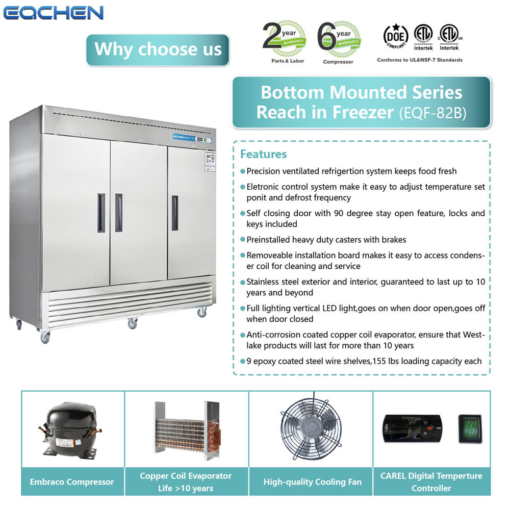EQCHEN 82 Inch 3 Door Commercial Freezer