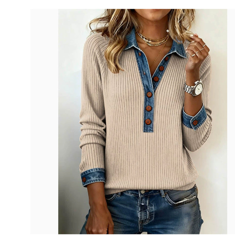 Euro-American Denim-Trimmed Loose T-Shirt for Women