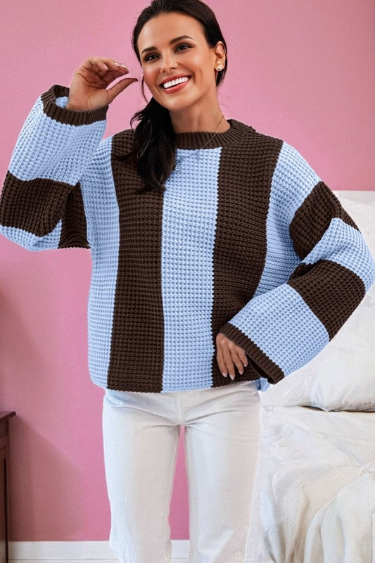 Stripe Colorblock Thermal Textured Knit Sweater