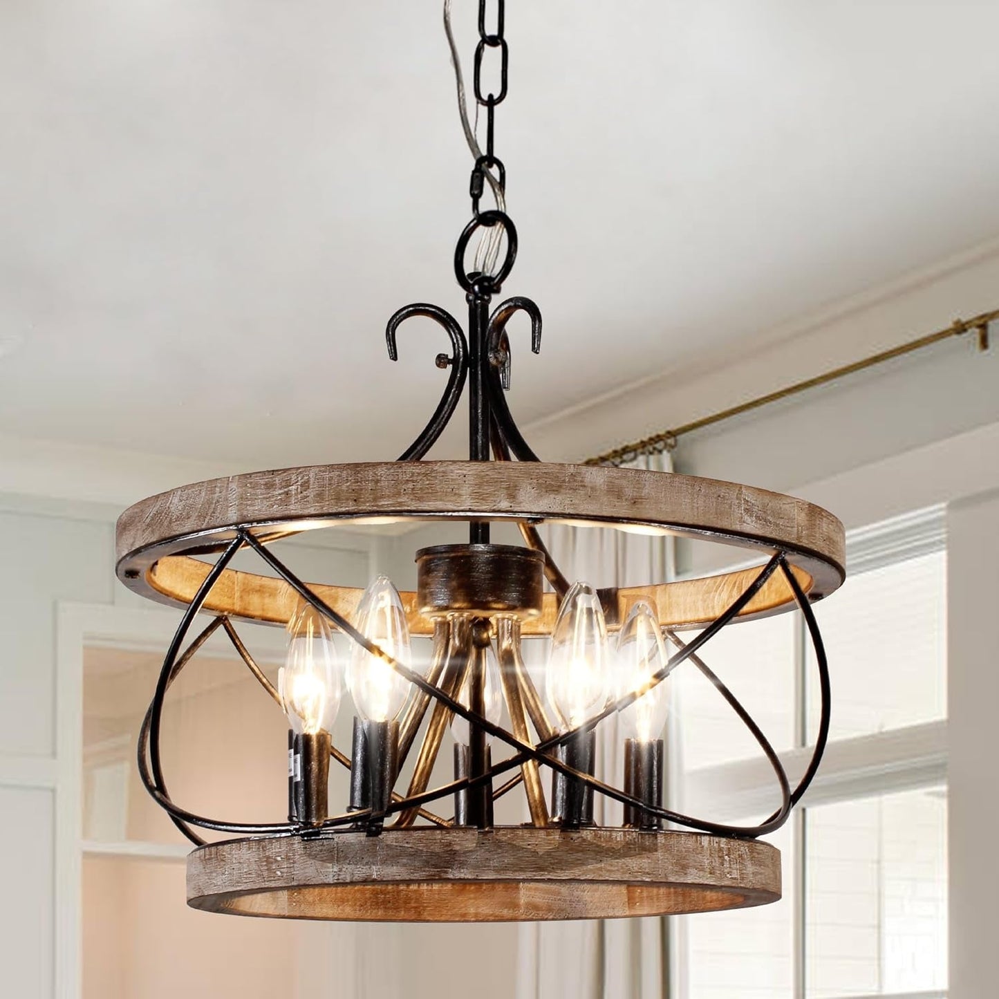 5-Light Farmhouse Drum Wood Chandelier