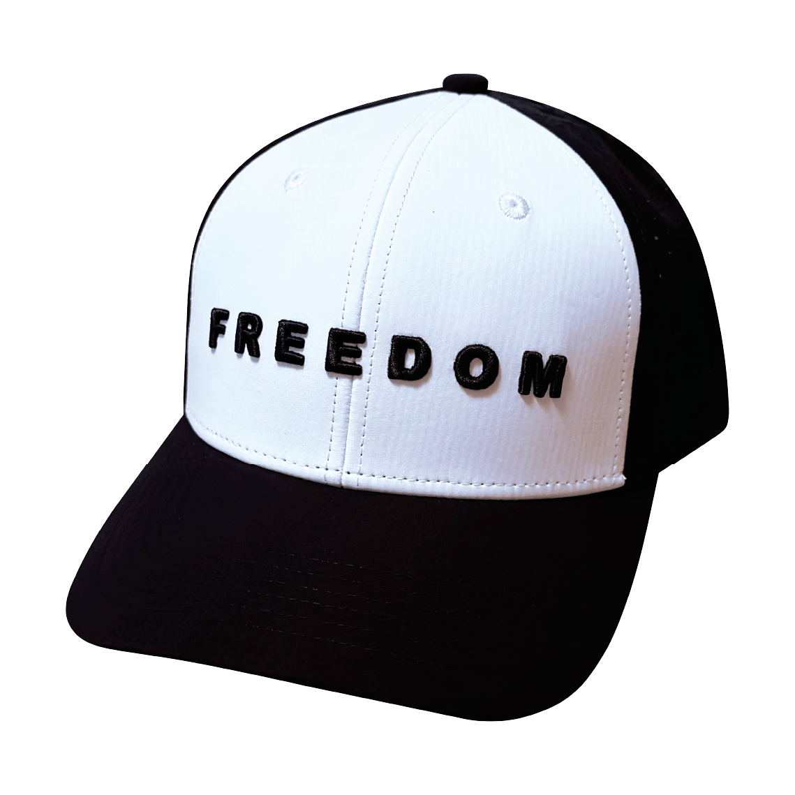 **PREORDER ONLY SHIPS IN MAY**  FREEDOM Hat - Black / White - Baseball Hat Fit - Laser Mesh