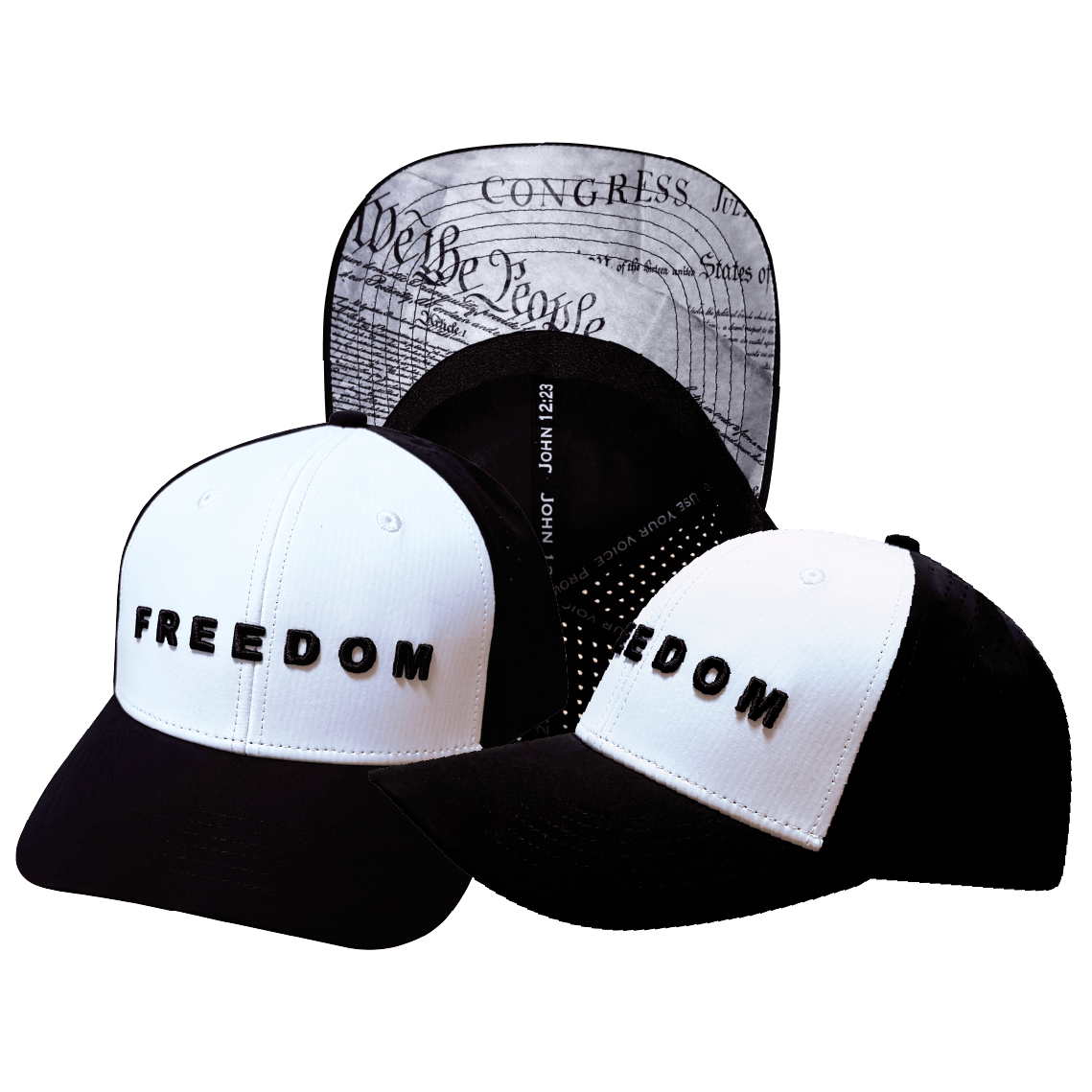 **PREORDER ONLY SHIPS IN MAY**  FREEDOM Hat - Black / White - Baseball Hat Fit - Laser Mesh