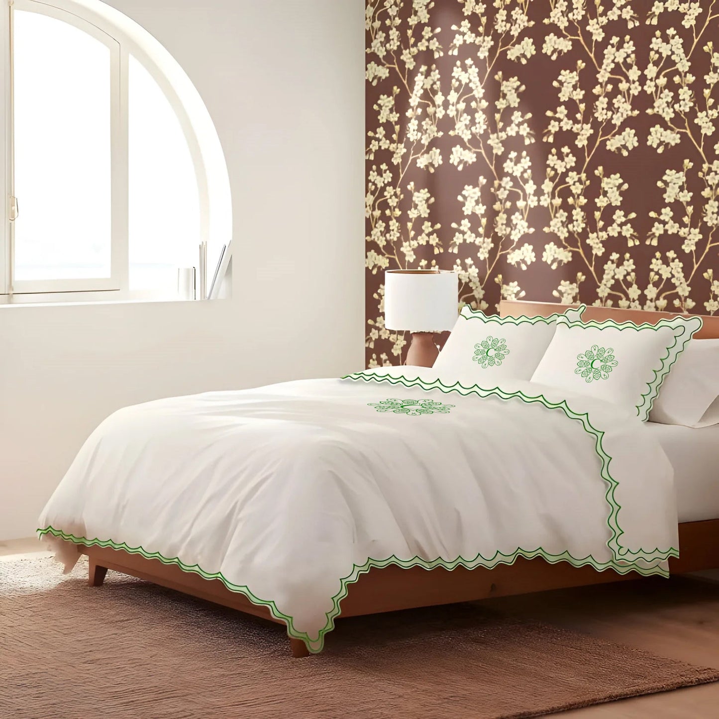 Monogram 400TC Cotton Sateen Double Scallop Embroidery Duvet Cover Set
