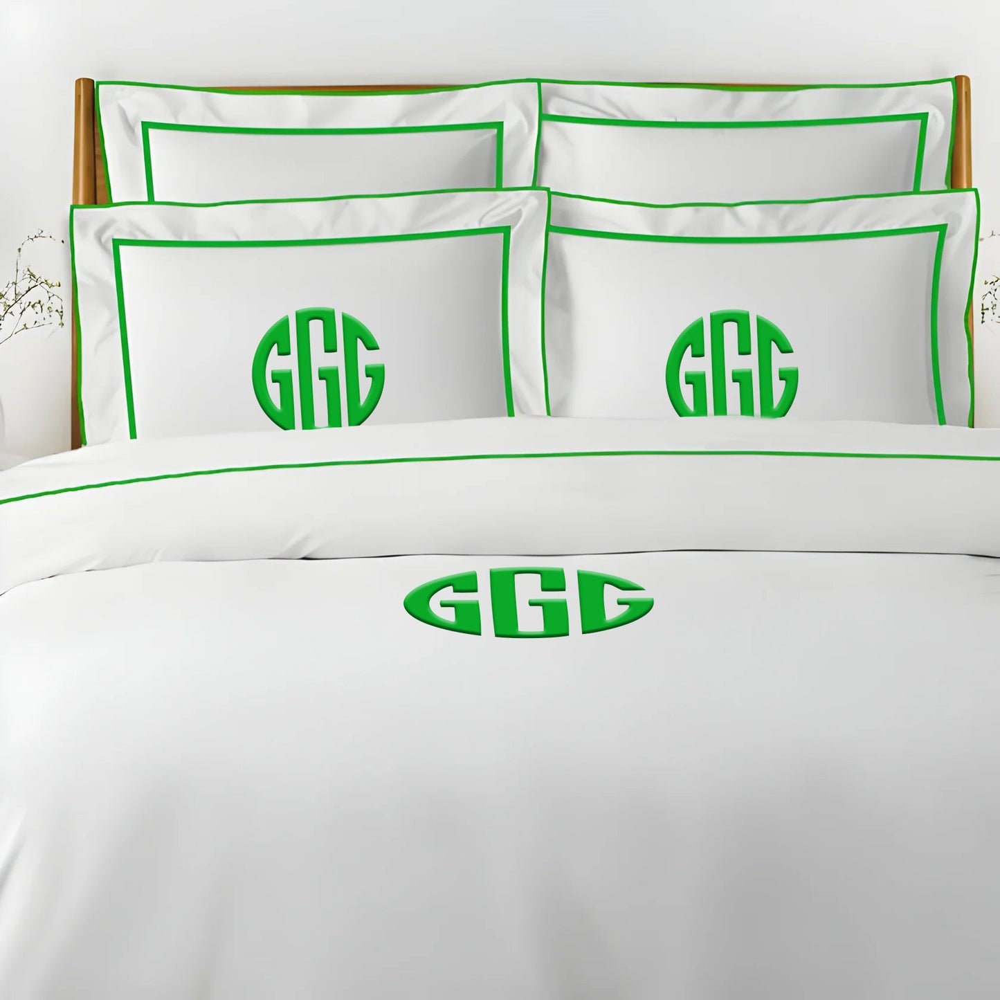 Monogram Embroidery & Border Cotton Sateen Solid Duvet Cover Set