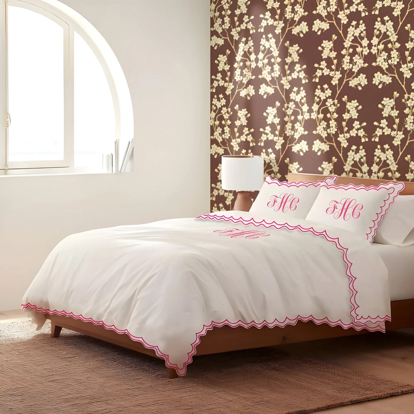 Monogram 400TC Cotton Sateen Double Scallop Embroidery Duvet Cover Set