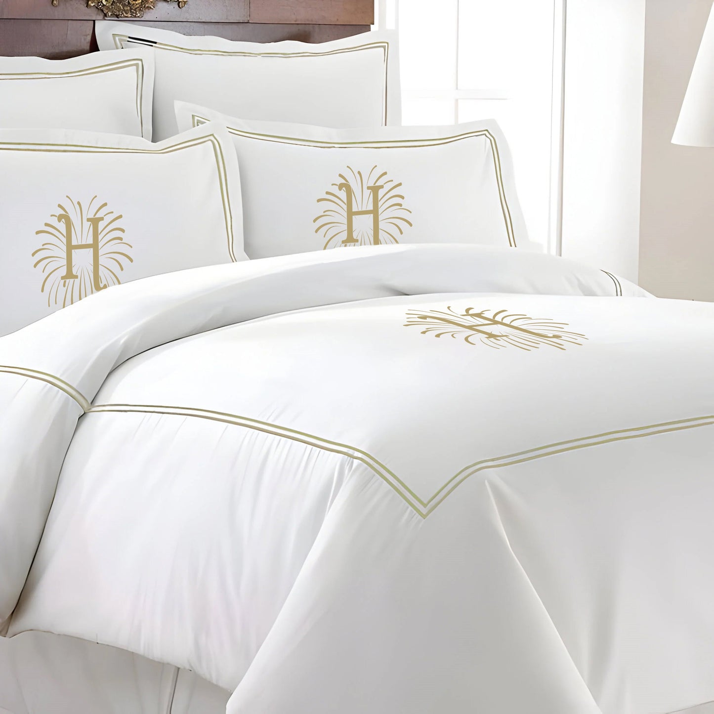 Monogram 400TC Cotton Double Embroidery Sateen Solid Duvet Cover Set