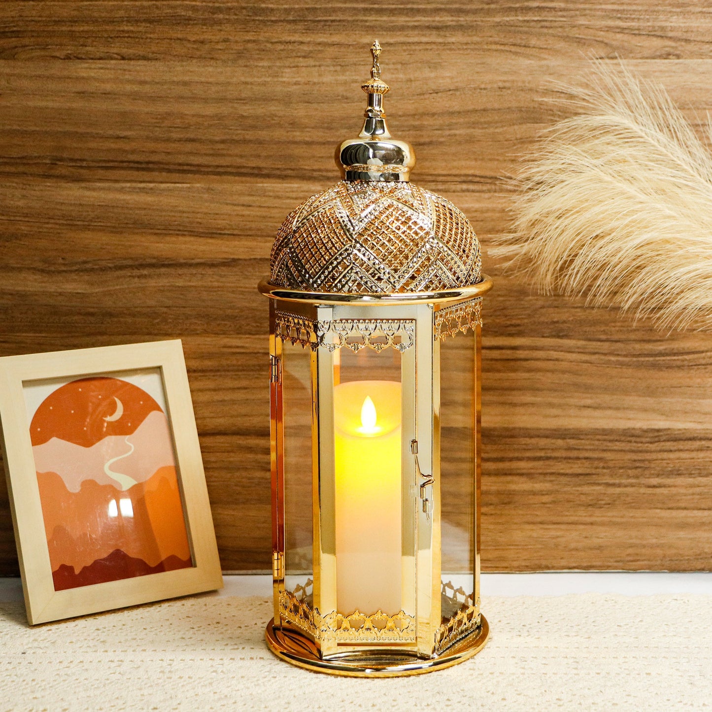 Moroccan Candle Lantern 17'' Gold Hexagonal Candle Holder