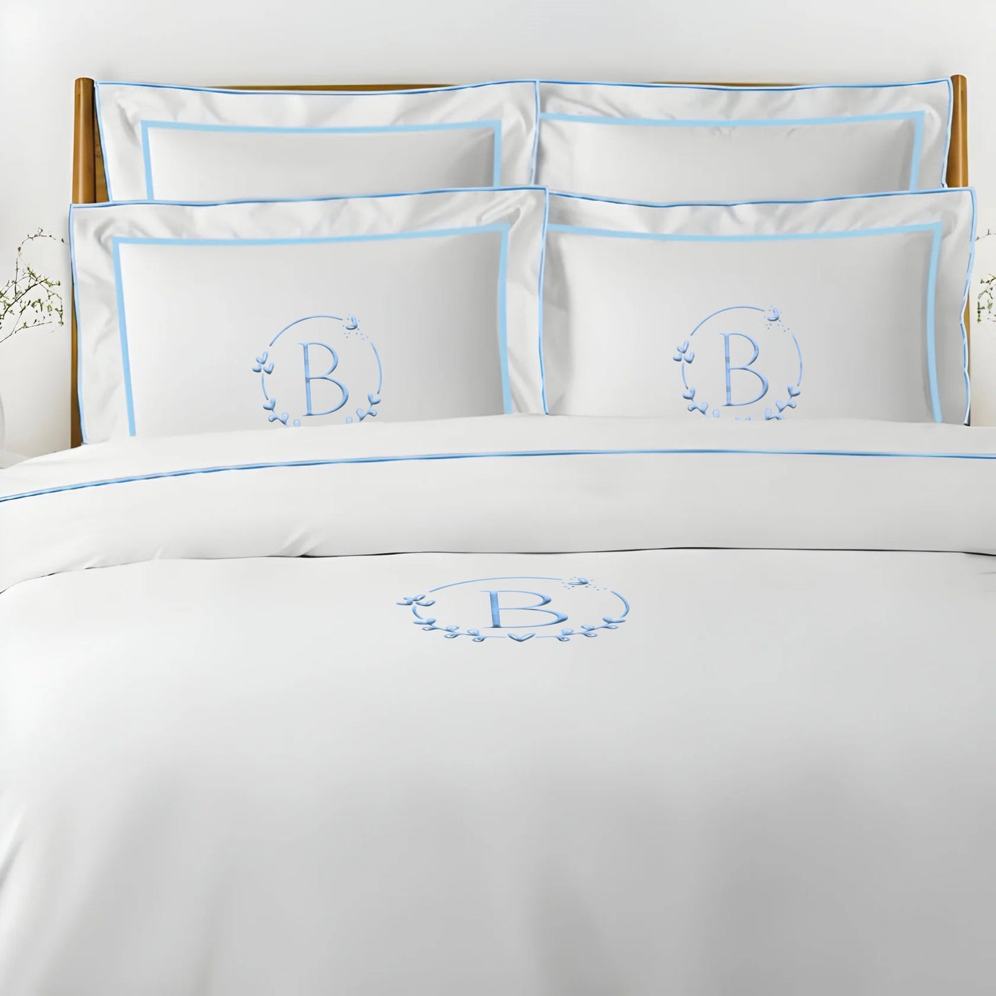 Monogram Embroidery & Border Cotton Sateen Solid Duvet Cover Set