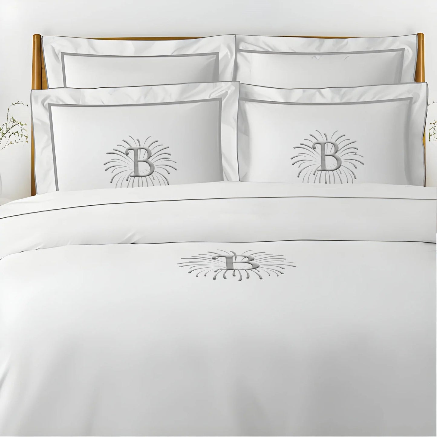 Monogram Embroidery & Border Cotton Sateen Solid Duvet Cover Set