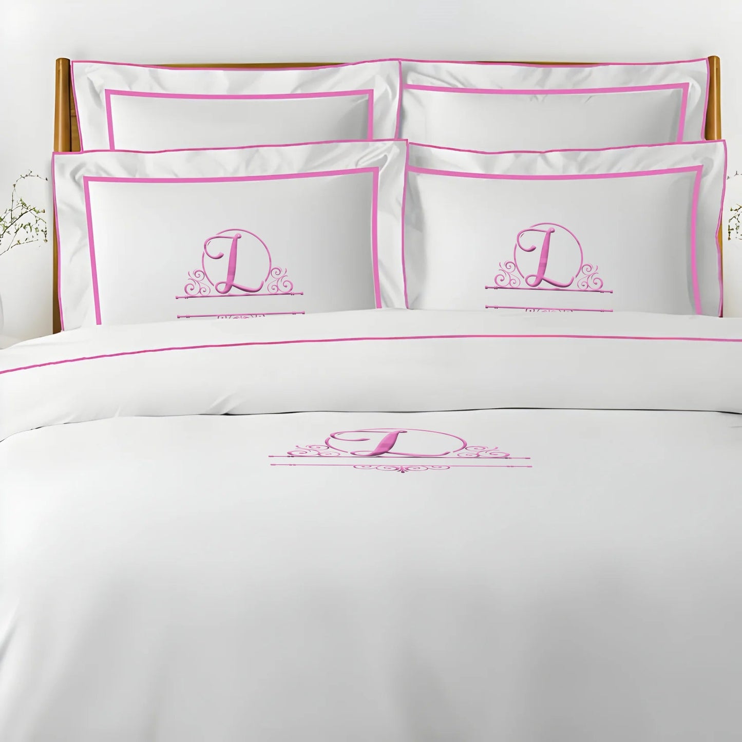 Monogram Embroidery & Border Cotton Sateen Solid Duvet Cover Set