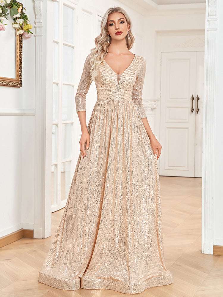 Sequined Fall V-neck High Waist Party Formal Dress