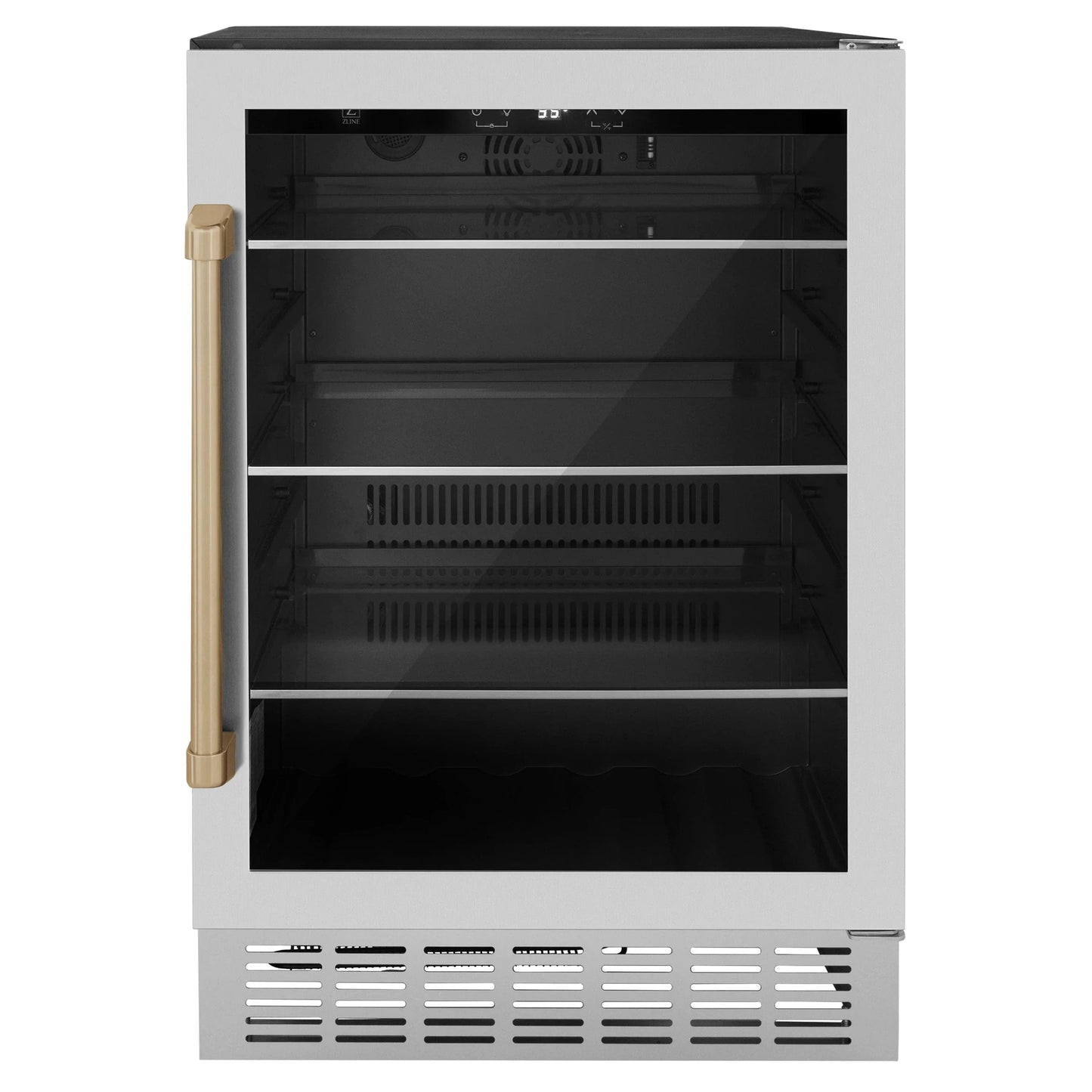 ZLINE 24" Autograph 154 Can Beverage Cooler Fridge with Adjustable Shelves in Stainless Steel with Champagne Bronze Accents RBVZ-US-24-CB