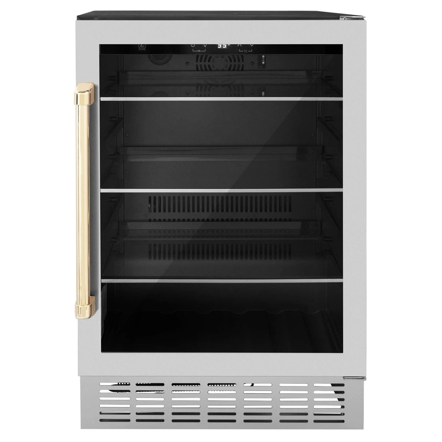 ZLINE 24" Autograph 154 Can Beverage Cooler Fridge with Adjustable Shelves in Stainless Steel with Champagne Bronze Accents RBVZ-US-24-CB